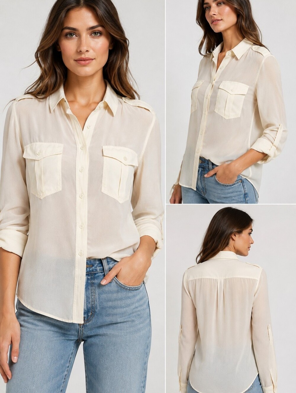 Royal Silk Sheer Button-Up Blouse in Cream